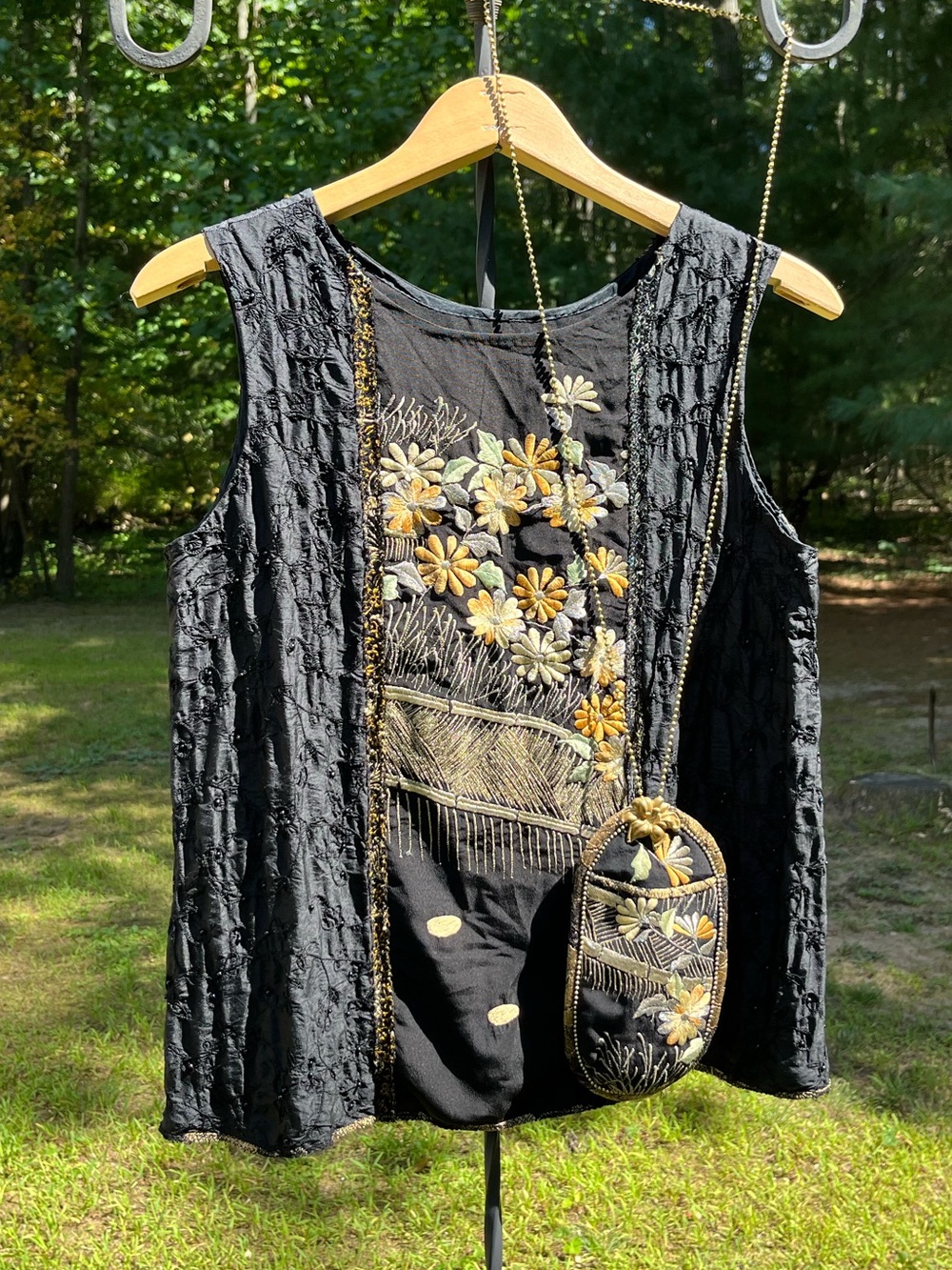 80s Kaneko Los Angeles Silk Embroidered Beaded Tank Top & Mini Purse Glam Boho